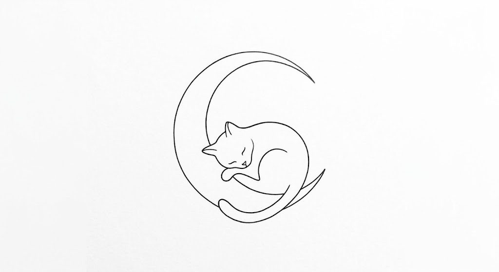 Crescent moon with a sleeping cat inside, fineline