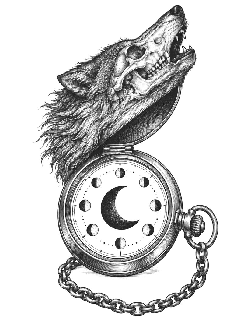 Wolf pocket watch with a skull, blackwork