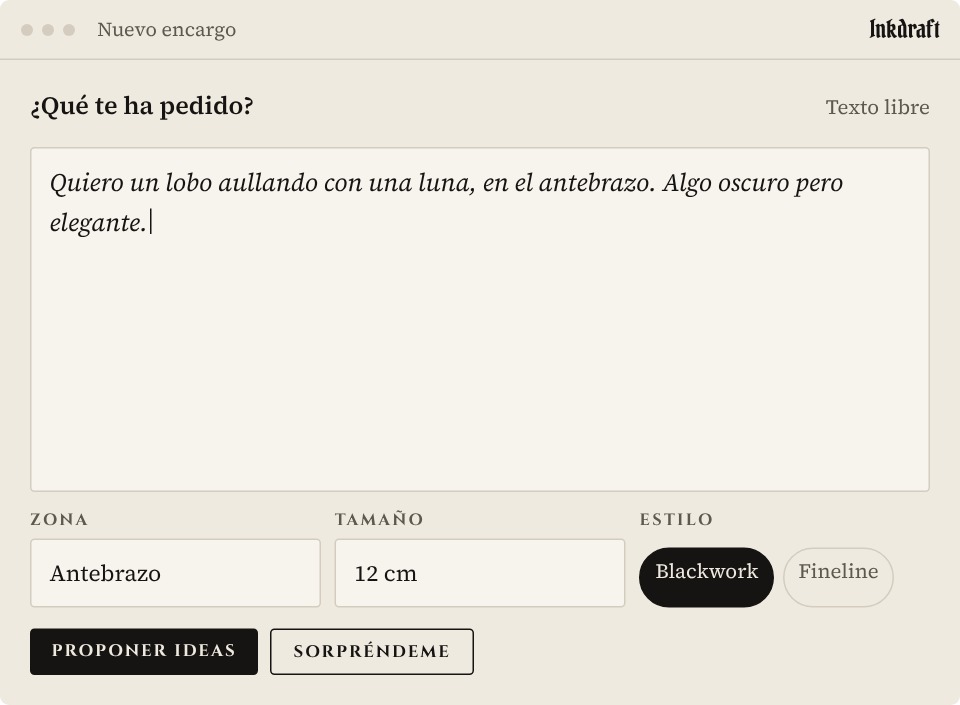 Pantalla del encargo: texto del cliente, zona, tamaño y estilo
