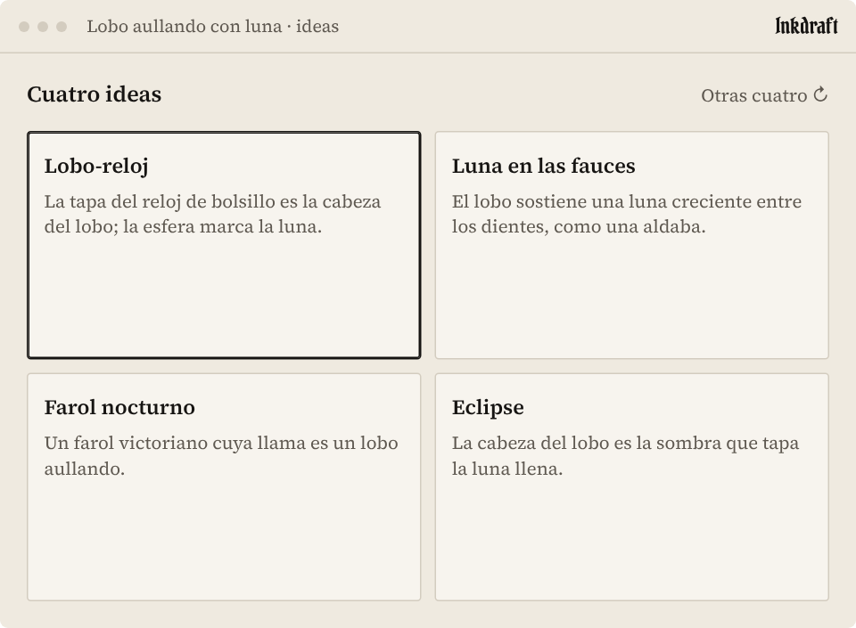 Pantalla de ideas: cuatro ideas en texto, una elegida