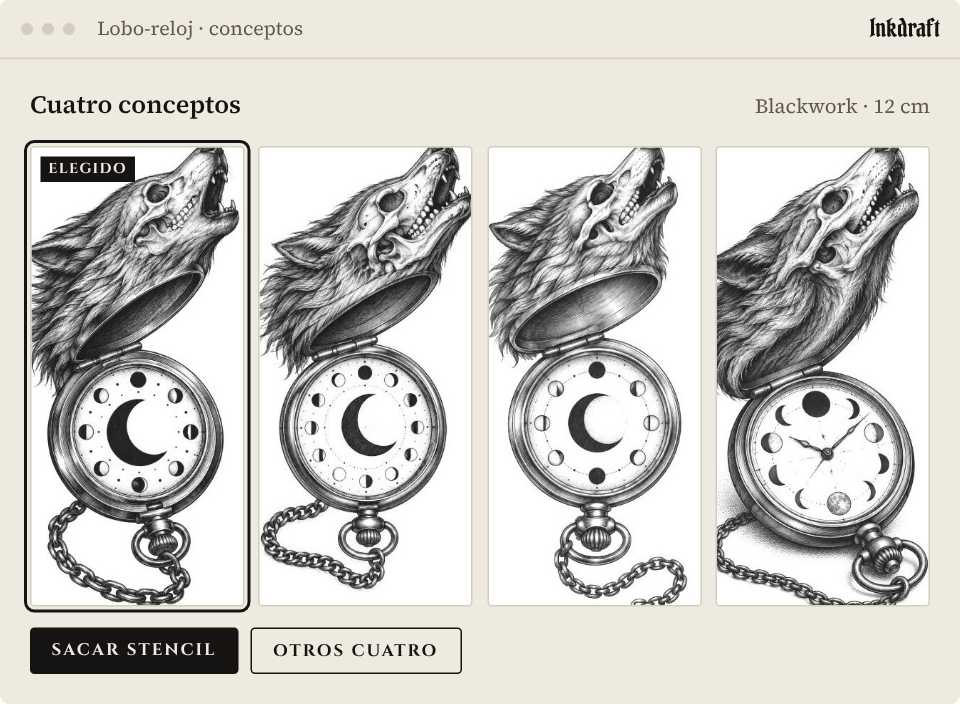 Pantalla de conceptos: cuatro dibujos del lobo-reloj