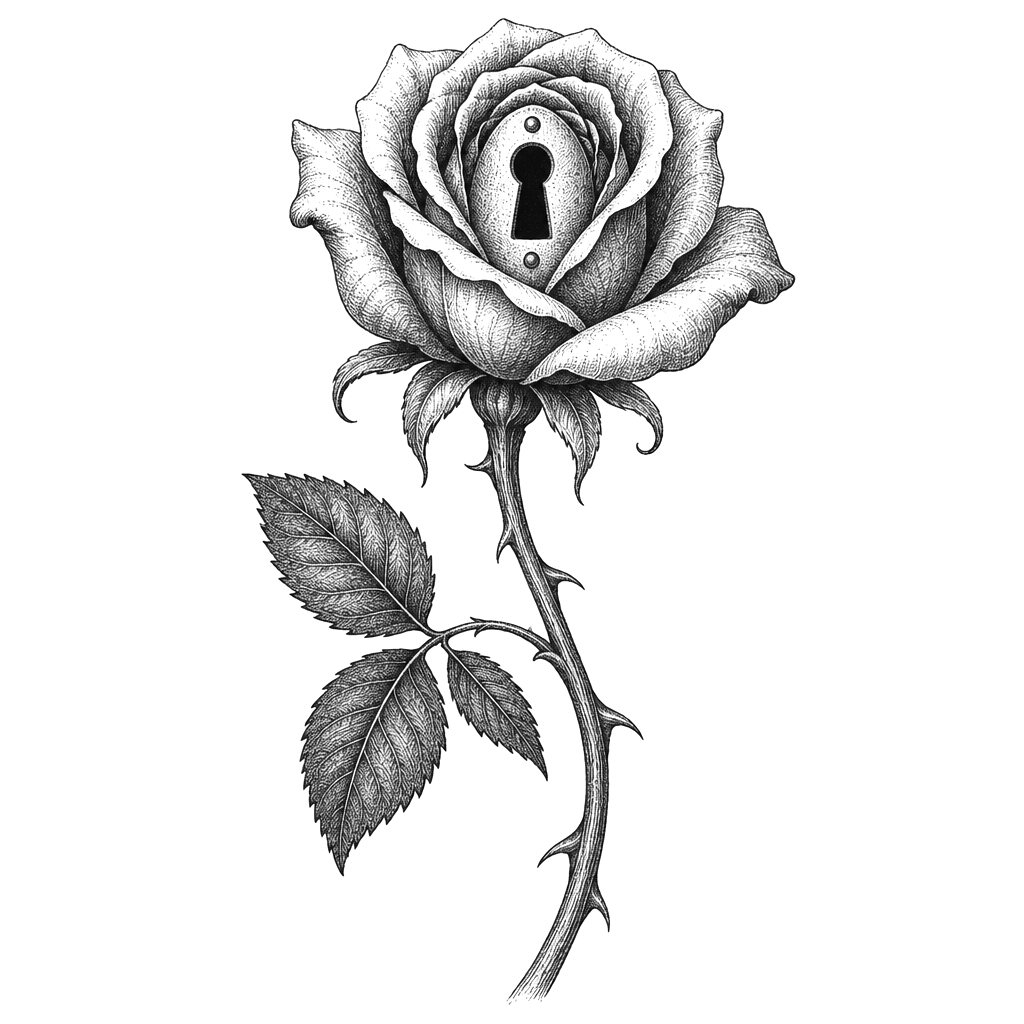 Rose with a keyhole at its heart, blackwork
