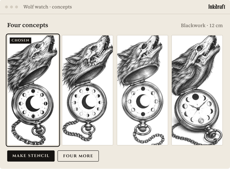 Concepts screen: four drawings of the wolf pocket watch